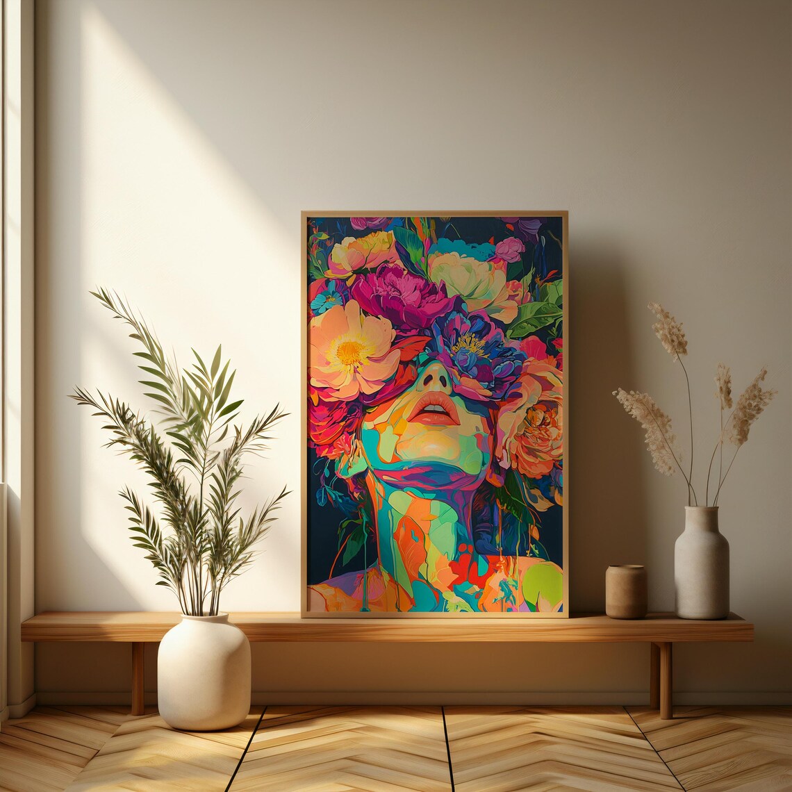 Contemporary Floral Woman Embracing Nature Art Print - Image 3
