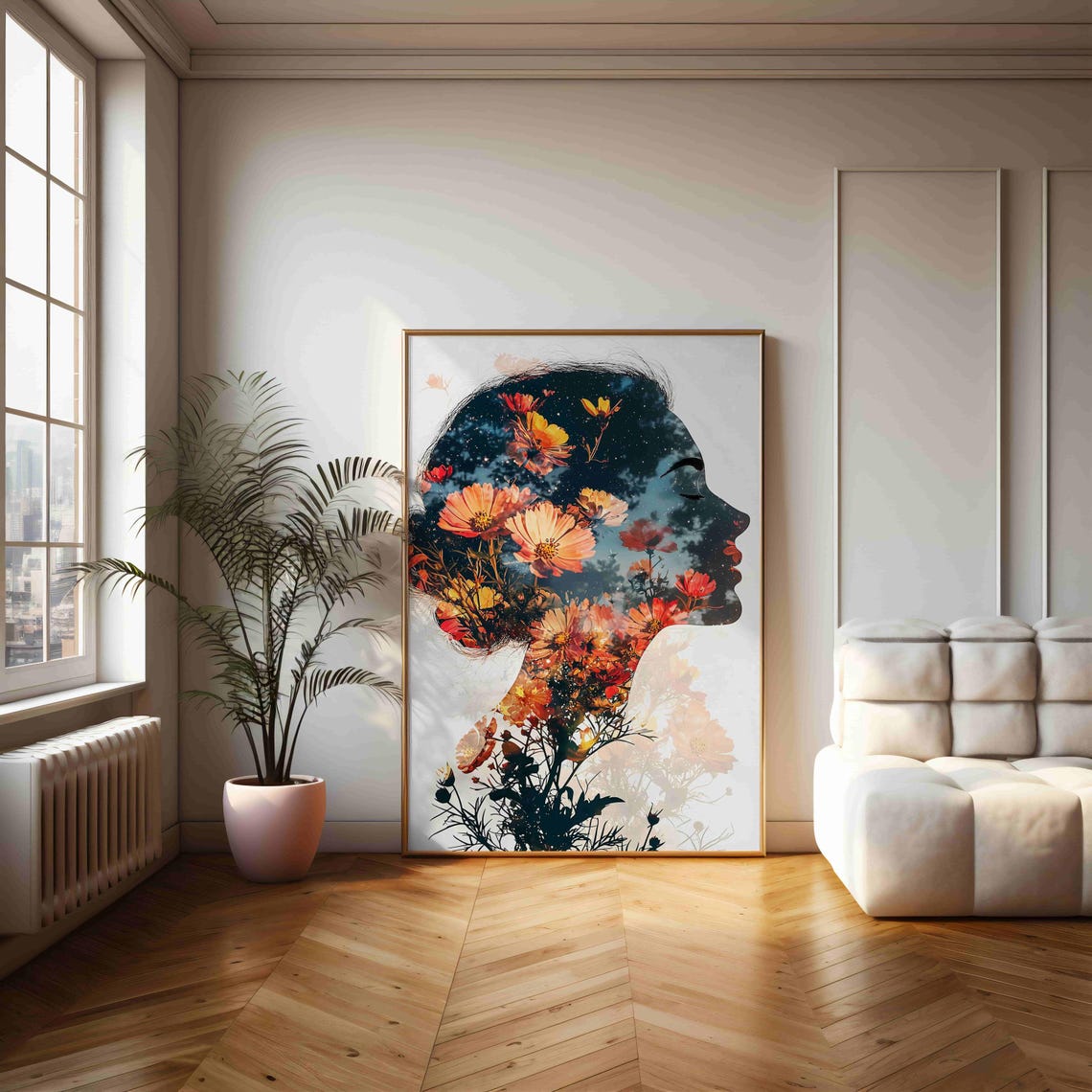 Double Exposure Flower Filled Woman Profile Night Sky Poster - Image 2