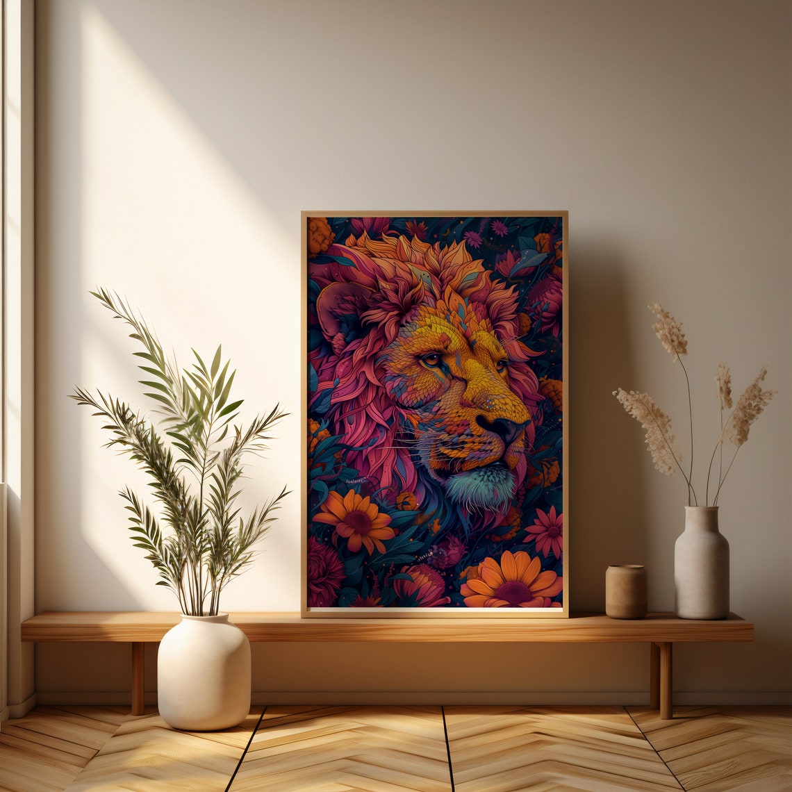 Vibrant Neon Lion With Flowers Bold Modern Jungle Art Poster - Image 4