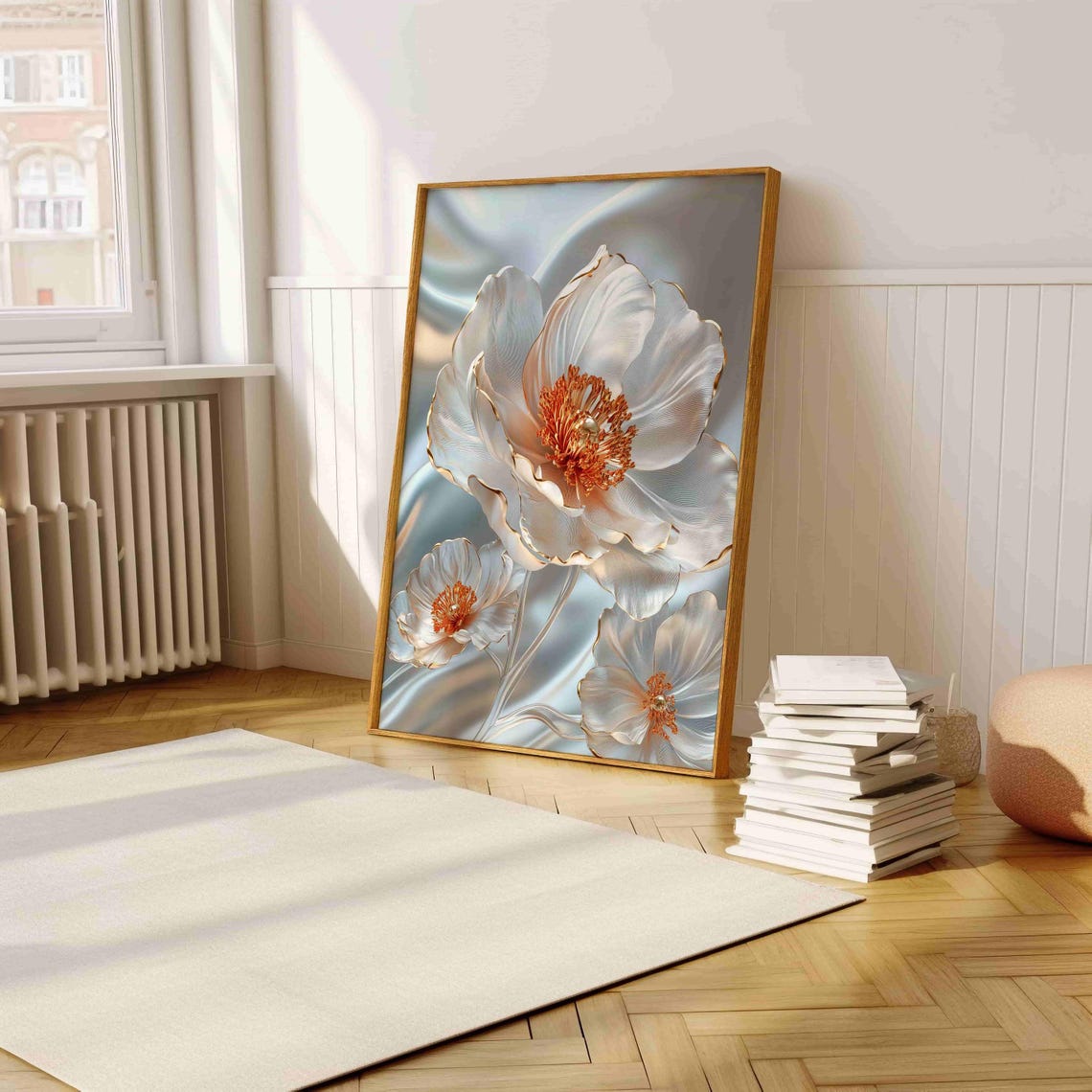 White And Copper Metallic Blossom Flower Elegant Silk Wall Print - Image 5