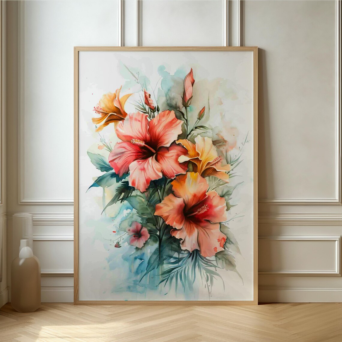 Tropical Hibiscus Flower Bouquet Soft Watercolor Painting Poster