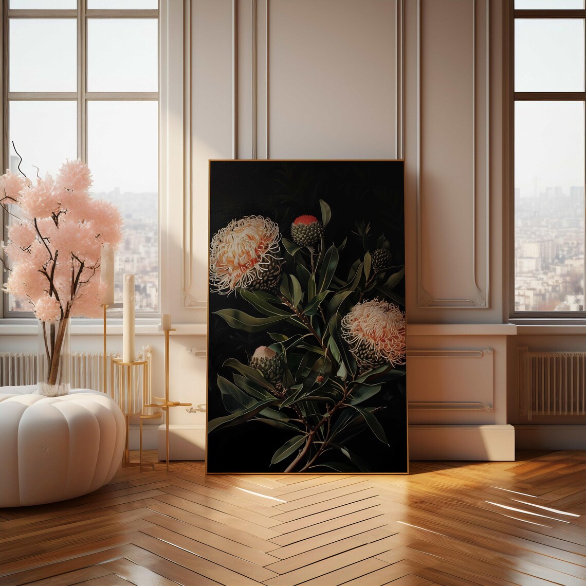 Cream Pincushion Protea Black Still Life Oil Painting Poster - Image 4