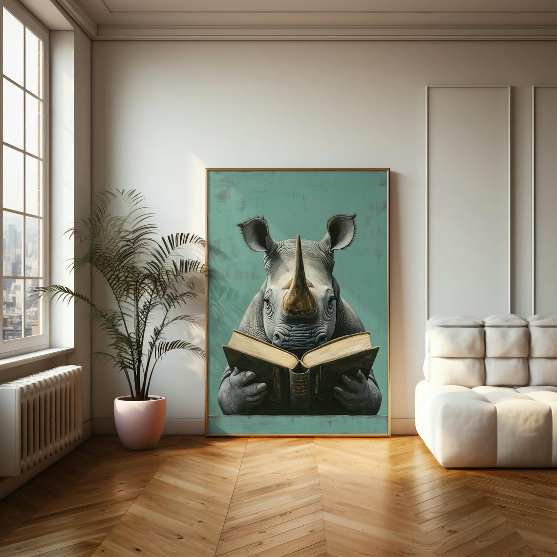 Intellectual Rhino Reading Book Whimsical Teal Animal Portrait Poster - Image 2