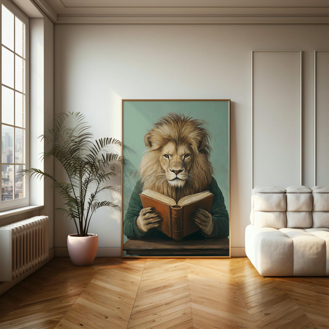 Majestic Lion Reading Book At Desk Quirky Vintage Style Poster - Image 2