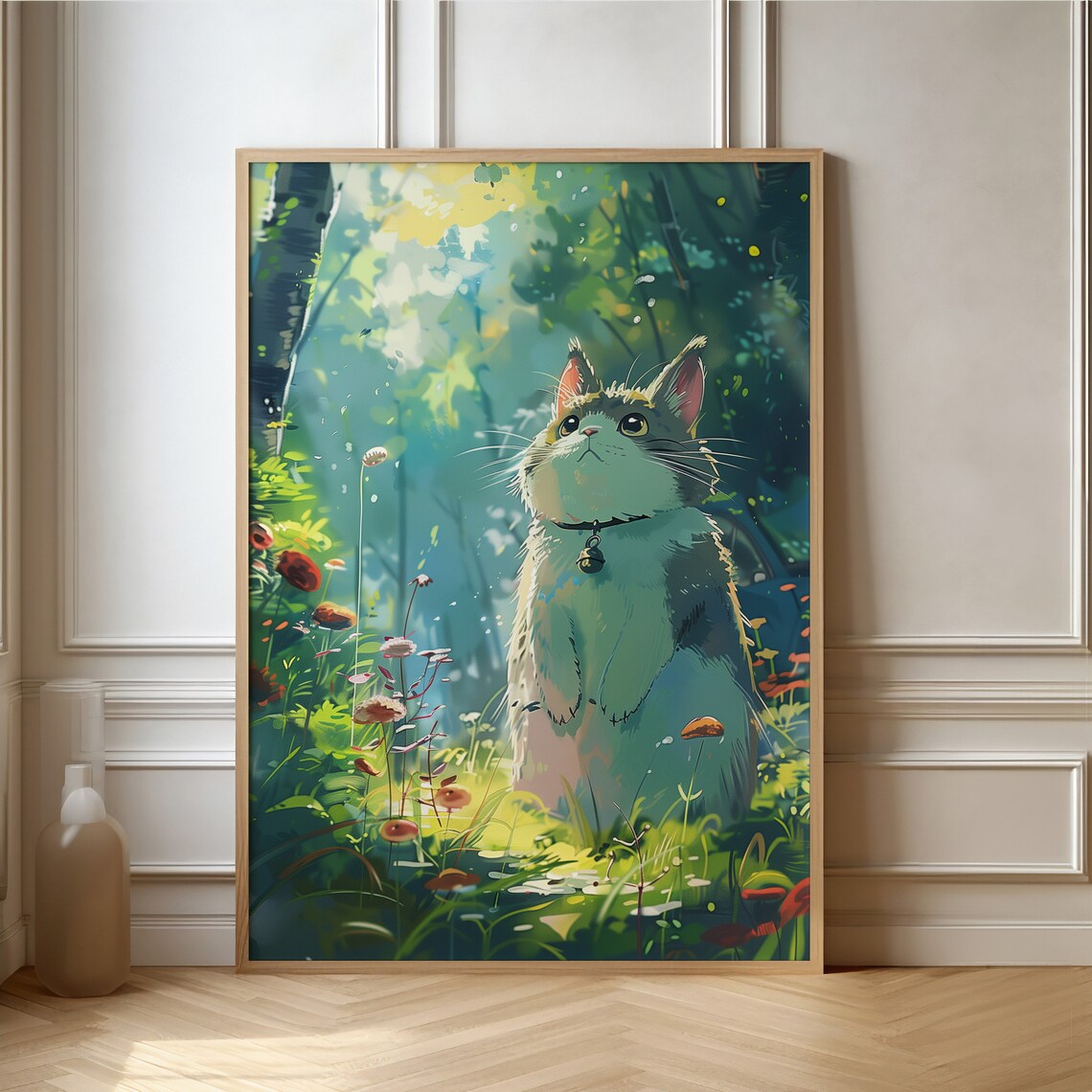 Tabby Cat With Bell Sitting in a Sunlit Forest Glade Art Poster