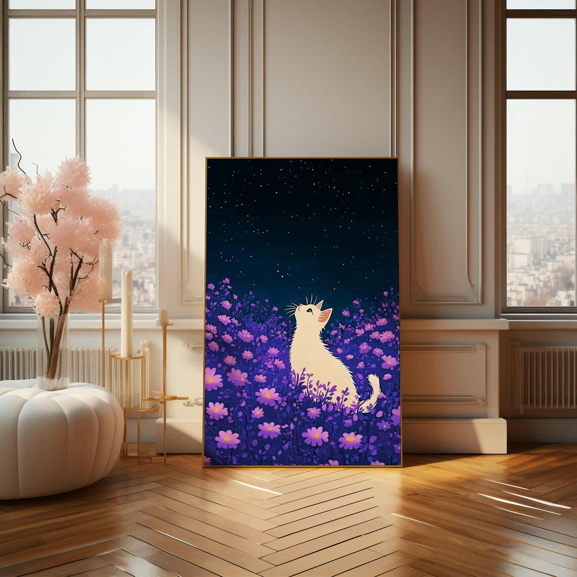 Whimsical Cat and Stars Poster, Floral Art Print - Image 4