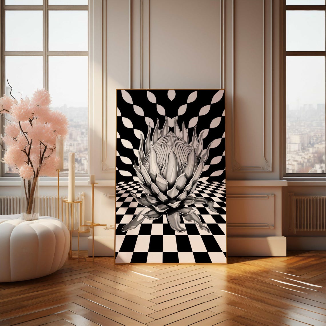 Black and White Geometric King Protea Optical Illusion Art Poster - Image 4