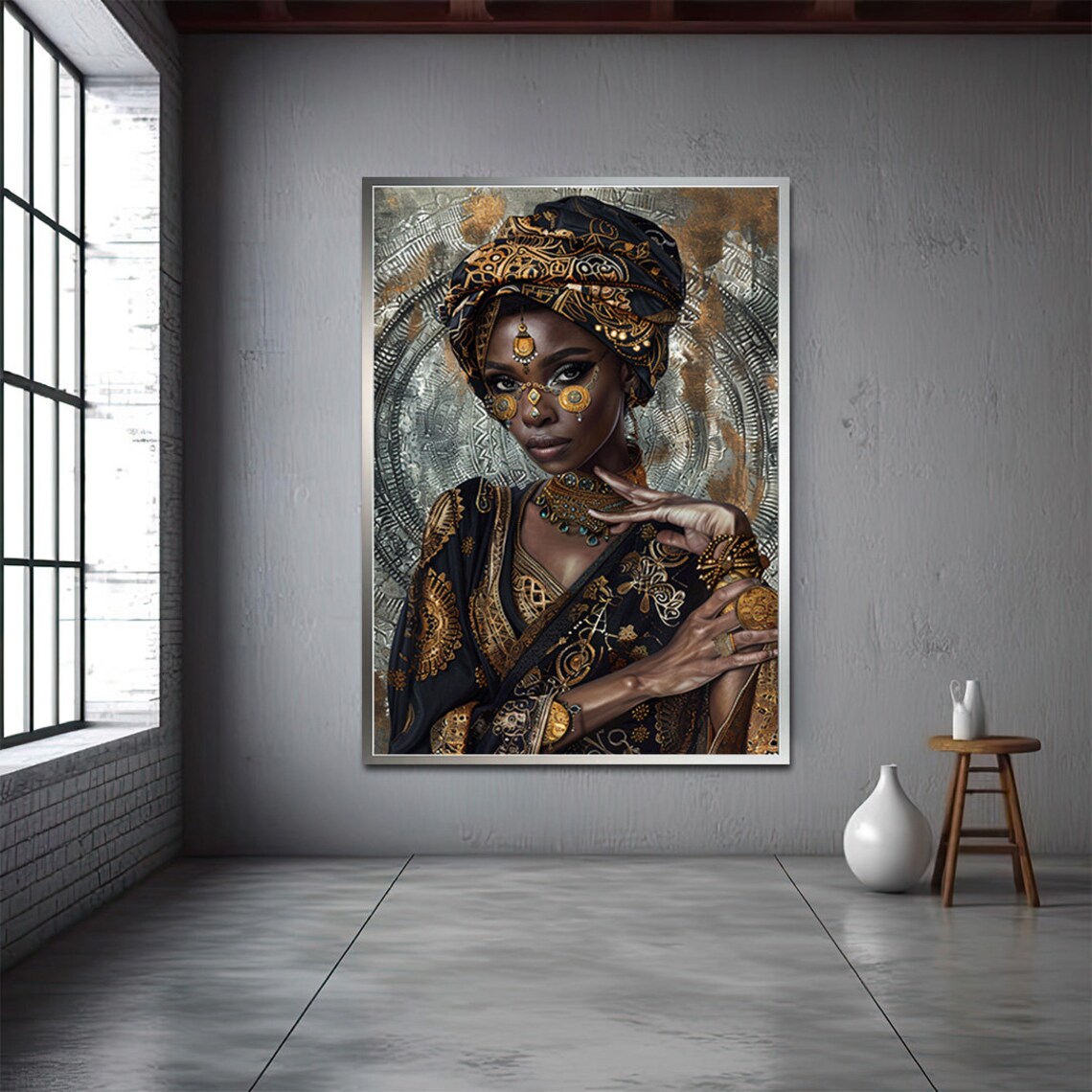 African Woman Portrait Gold and Black Headwrap Regal Modern Art Poster - Image 3