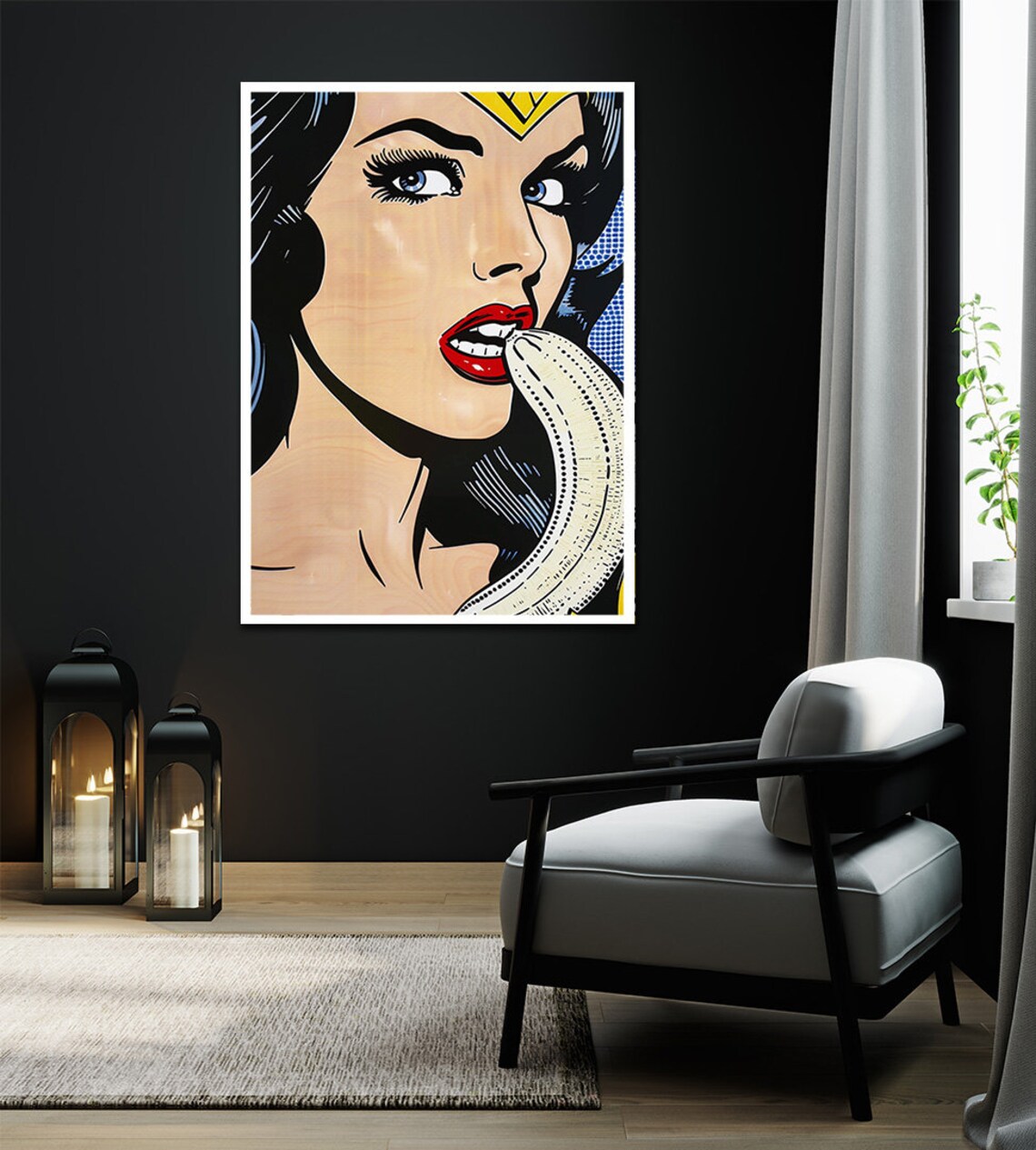 Wonder Woman Style Woman Eating Banana Pop Art Comic Poster Humor Gift - Image 2