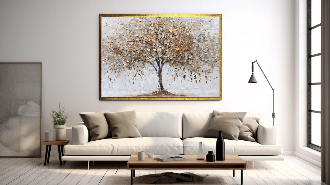 Golden Tree with White and Gold Leaves Light Neutral Nature Art Poster