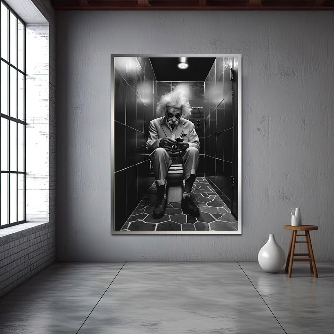 Albert Einstein on Toilet Black and White Funny Bathroom Humor Poster - Image 3
