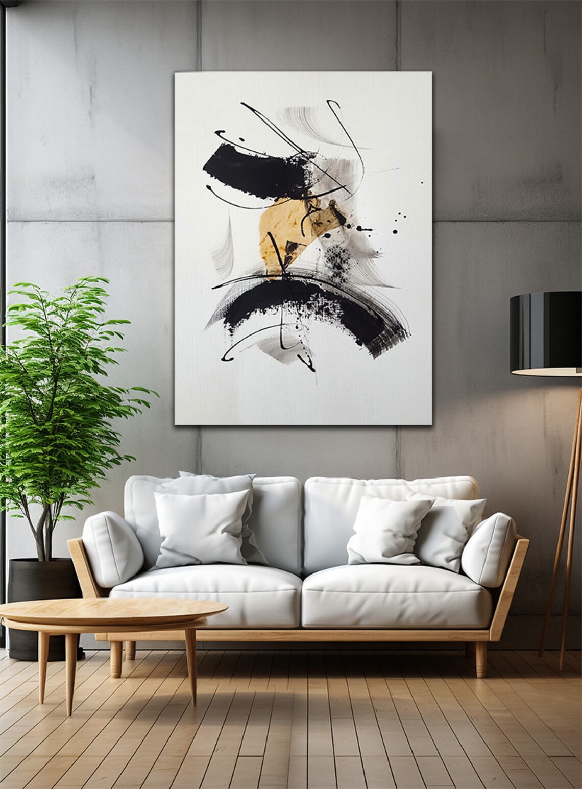 Minimalist Black Gold Brush Stroke Japanese Ink Abstract Art Poster - Image 3