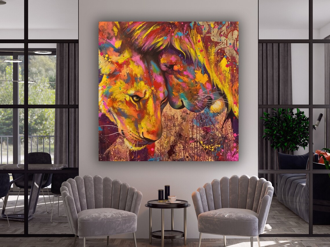 Lion And Lioness Nuzzling Colorful Abstract Wildlife Art Poster - Image 3