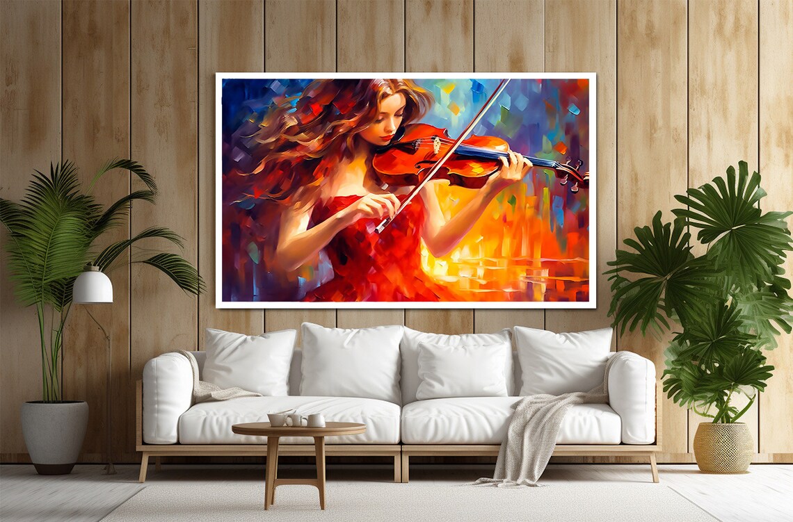 Woman In Red Dress Playing Violin Colorful Abstract Music Art Print