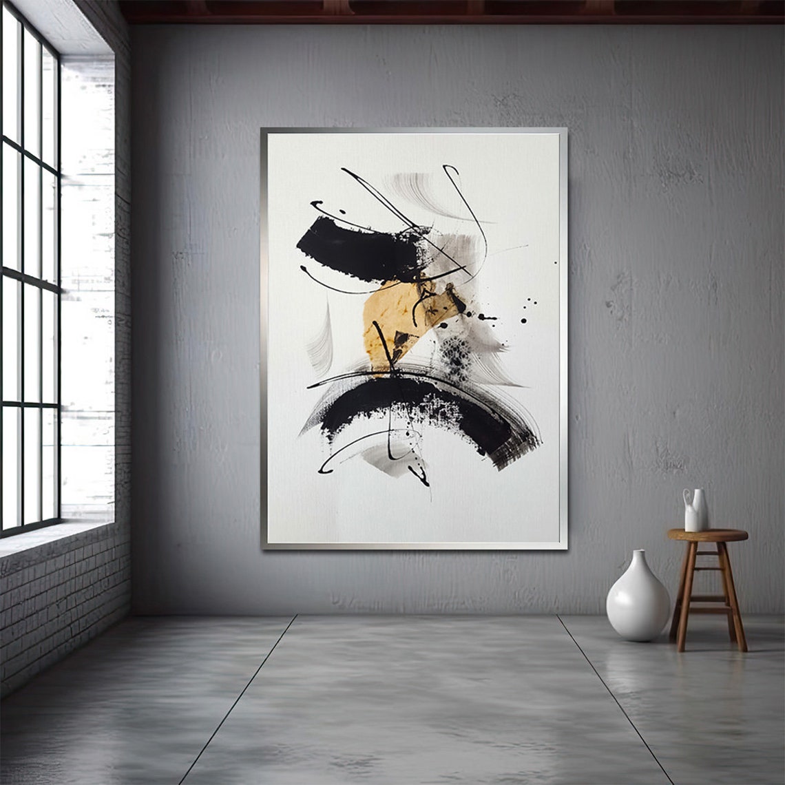 Minimalist Black Gold Brush Stroke Japanese Ink Abstract Art Poster