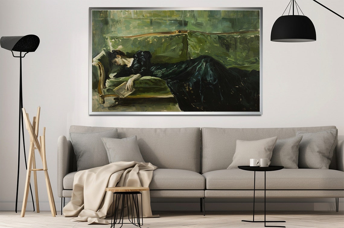 Woman Reading on Green Sofa Vintage Impressionist Oil Painting Poster - Image 3