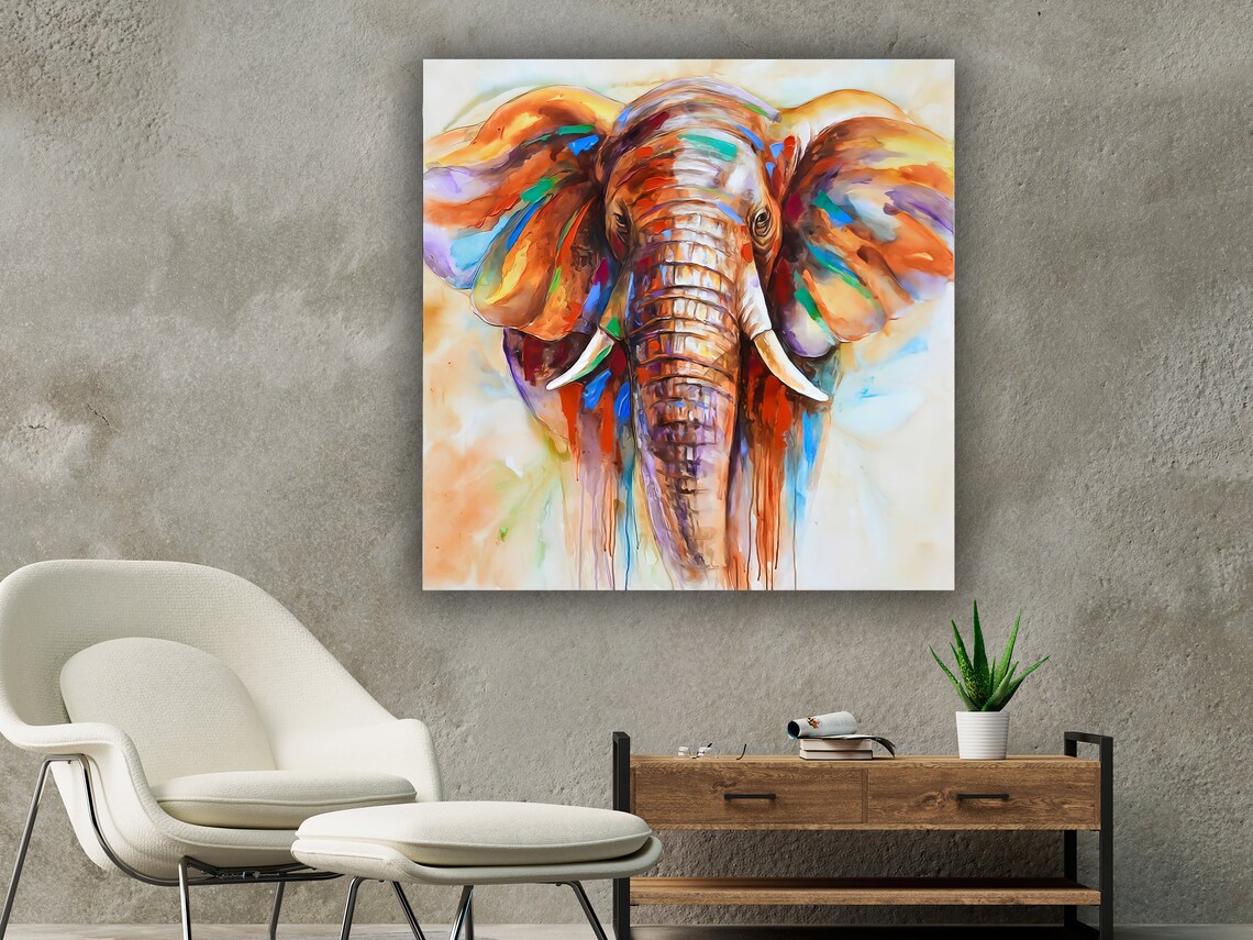 Colorful Elephant Watercolor Painting Safari Animal Wall Art