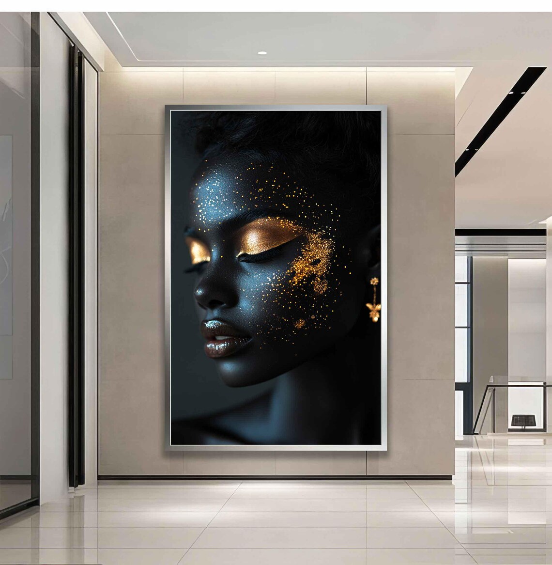 African Woman Gold Glitter Makeup Black Background Beauty Poster - Image 3