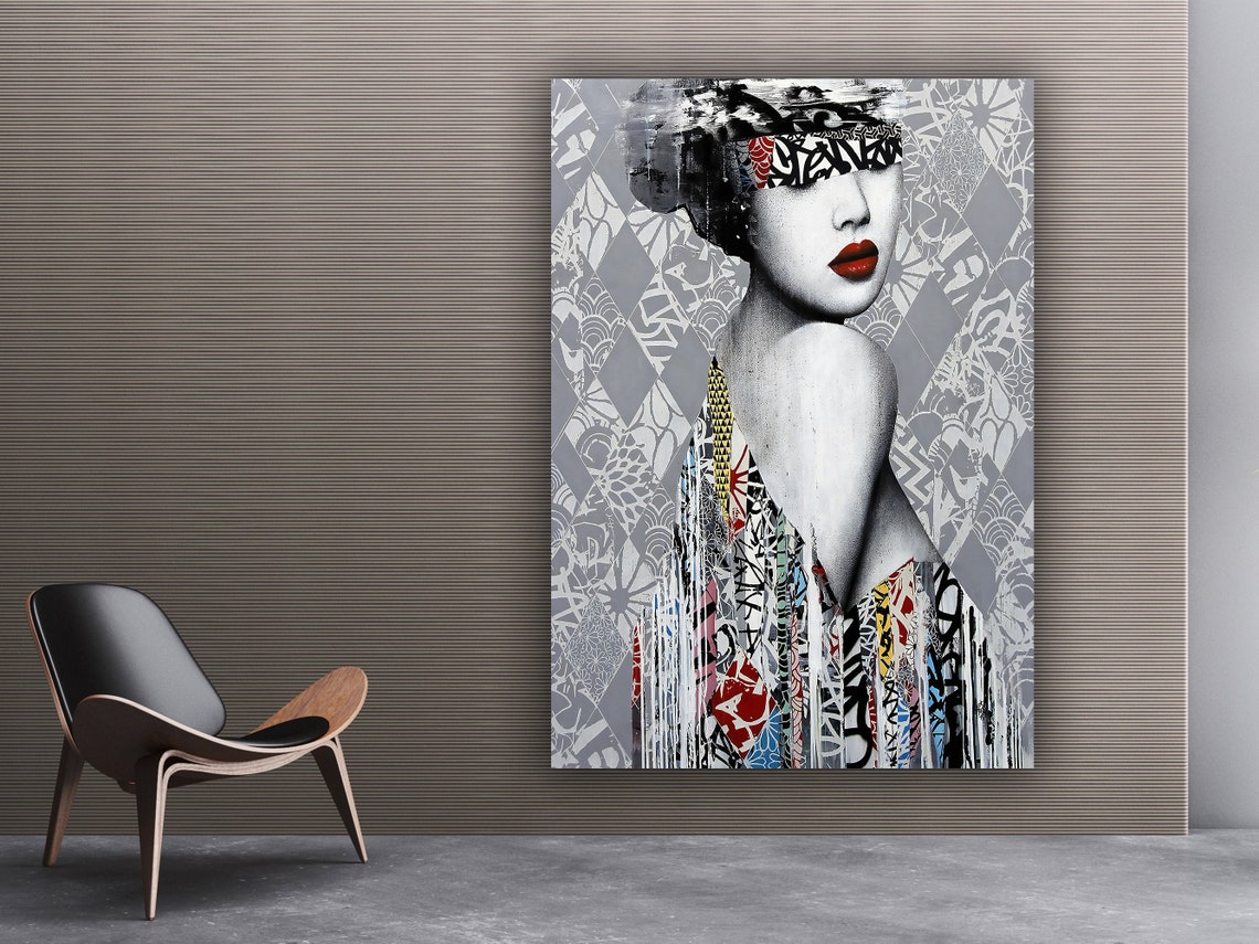 Geisha Graffiti Pop Art Portrait Red Lips Modern Wall Poster - Image 3