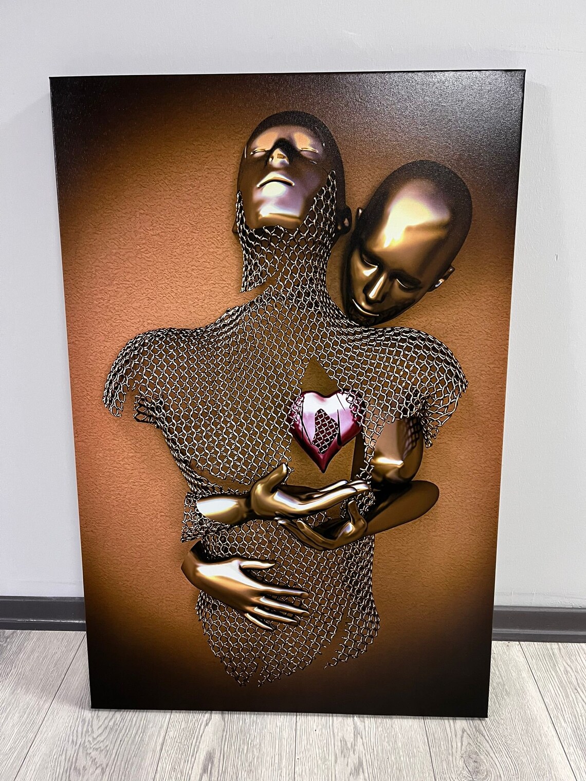 Bronze Love Couple Holding Glowing Red Heart 3D Modern Art Poster - Image 3