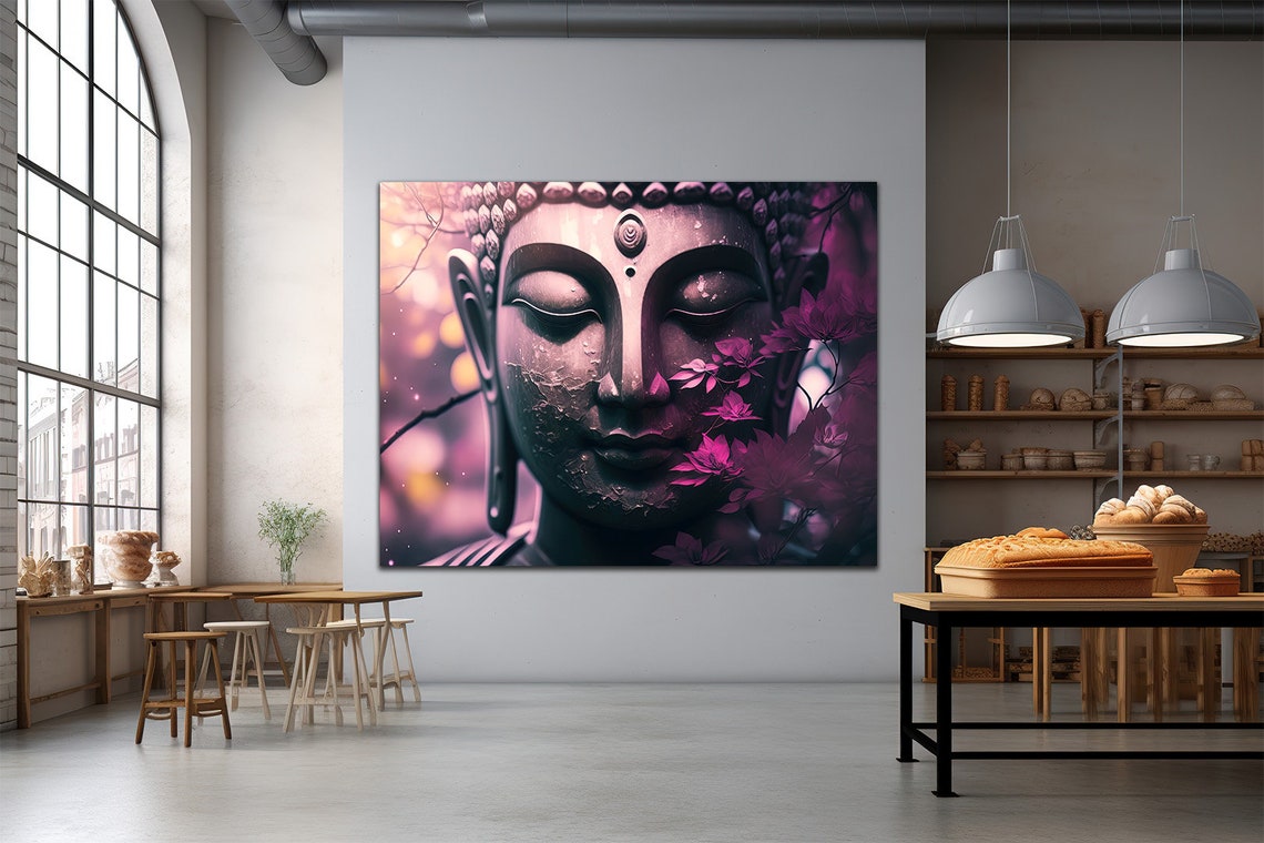 Buddha Face With Pink Blossoms Dreamy Purple Meditation Wall Art