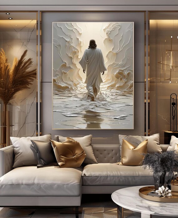 Jesus Walking on Water White and Gold Textured Christian Faith Art Poster