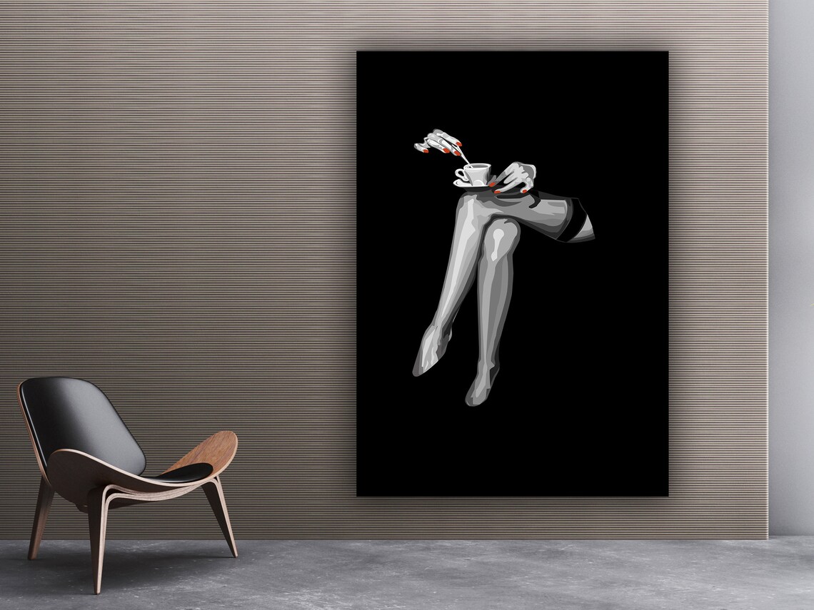 Woman Crossed Legs Holding Coffee Cup Black White Fashion Art Print - Image 3