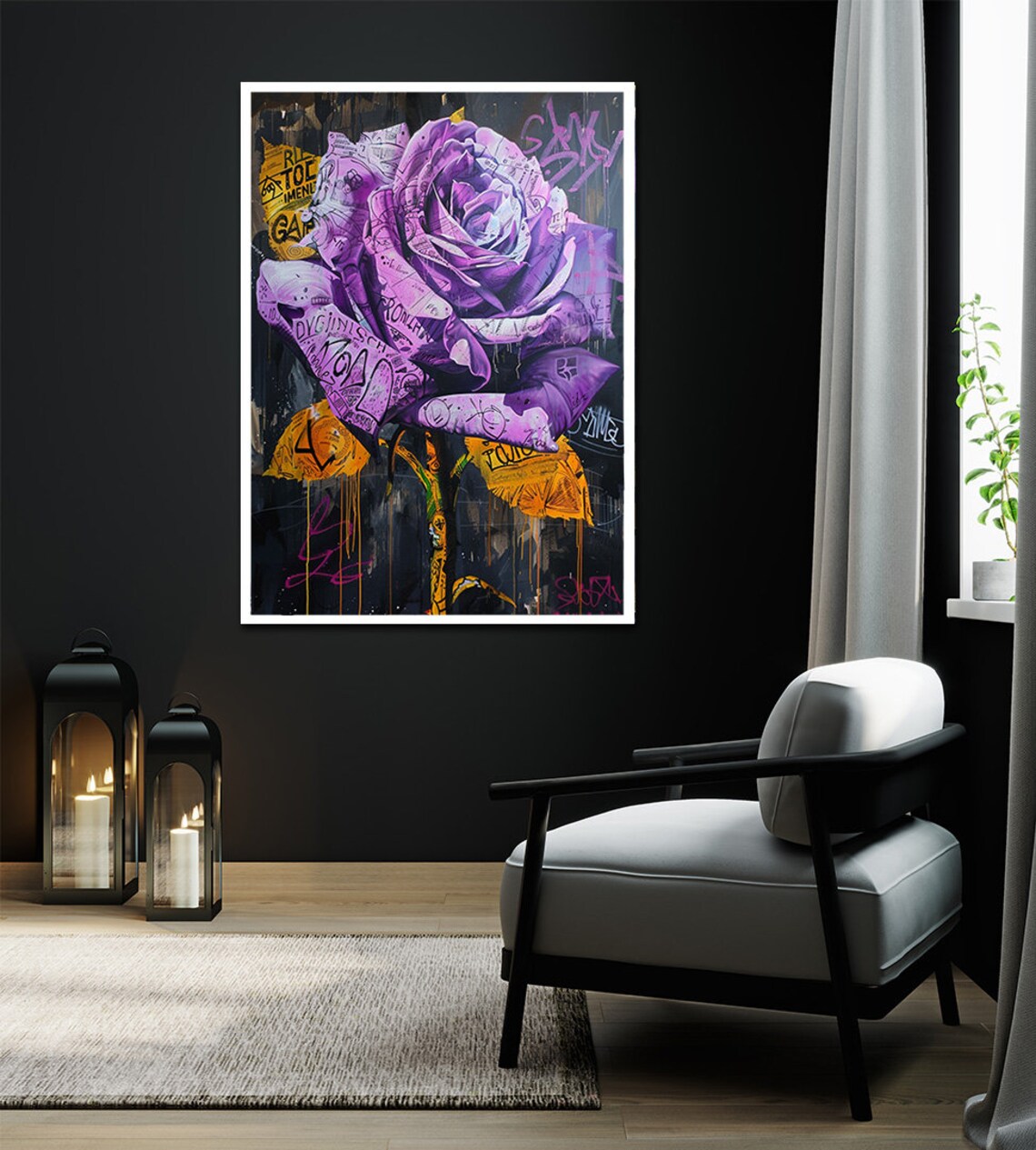 Vibrant Purple Graffiti Rose Gold Accents Bold Street Art Poster - Image 2
