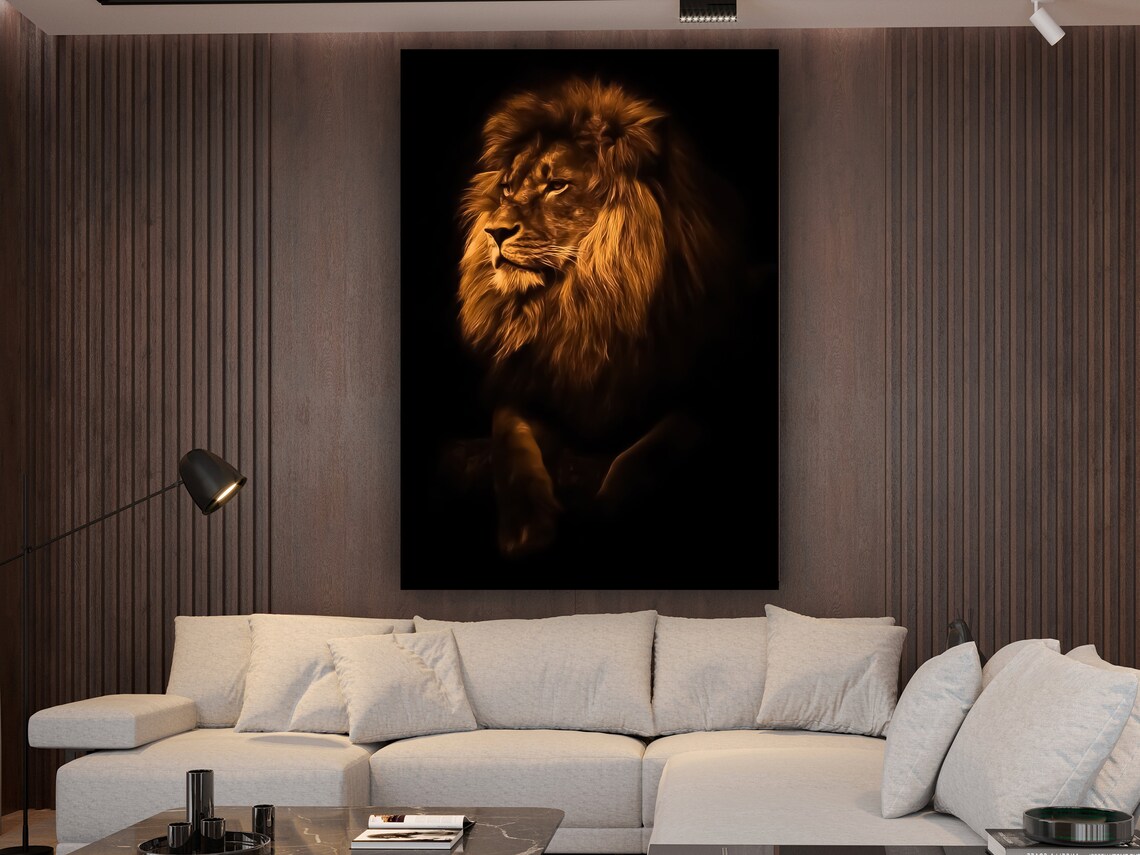 Golden Lion Portrait Black Background Majestic Wildlife Poster