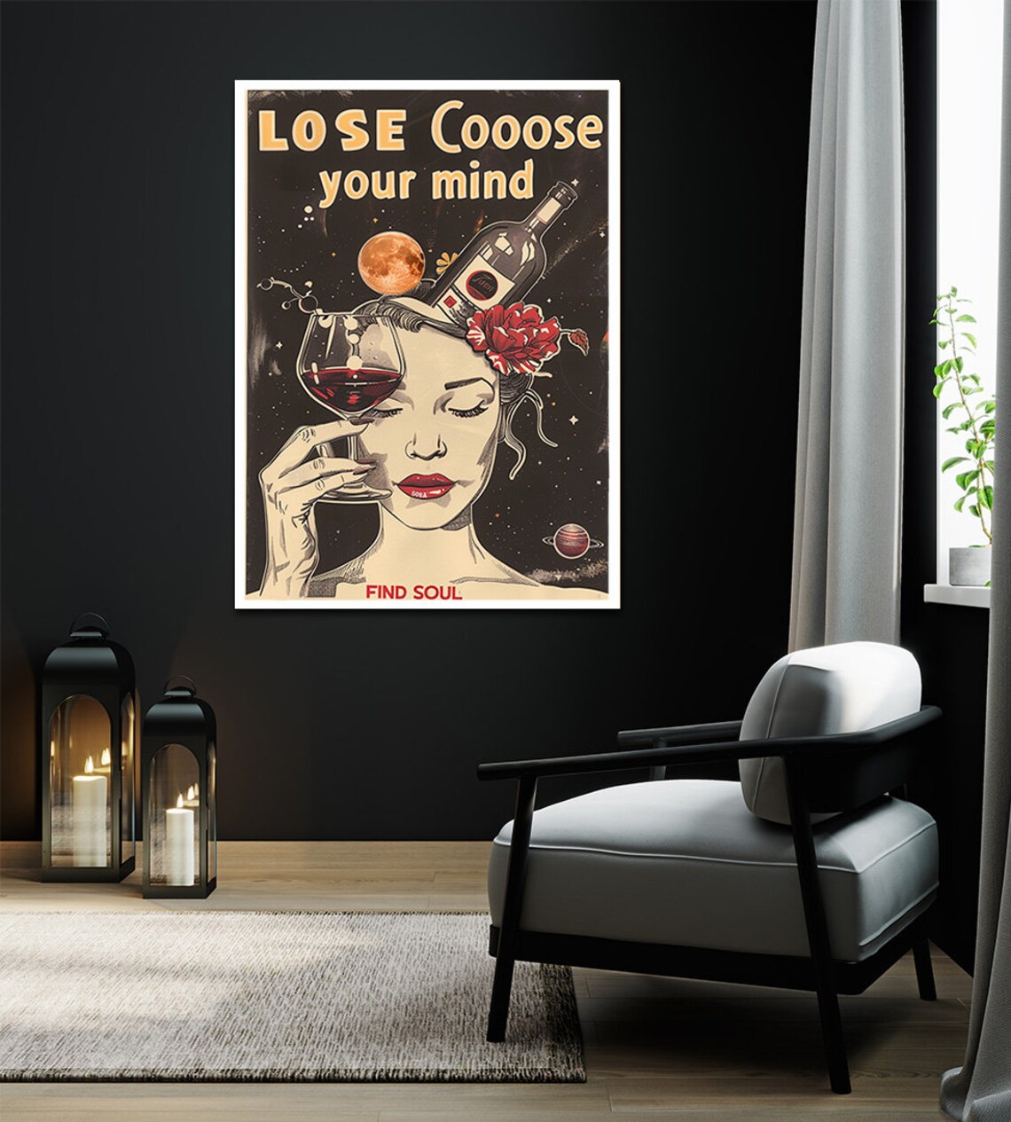 Lose Your Mind Find Soul Wine Cosmic Vintage Quote Art Poster - Image 2