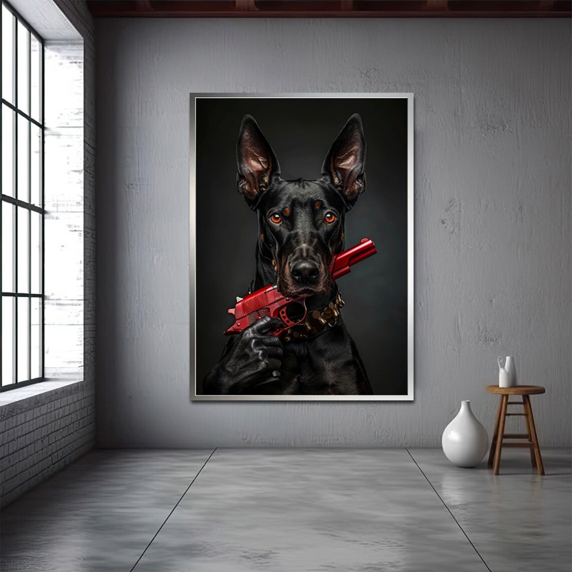 Doberman Dog Holding Red Pistol Gloved Hand Luxury Black Art Poster - Image 3