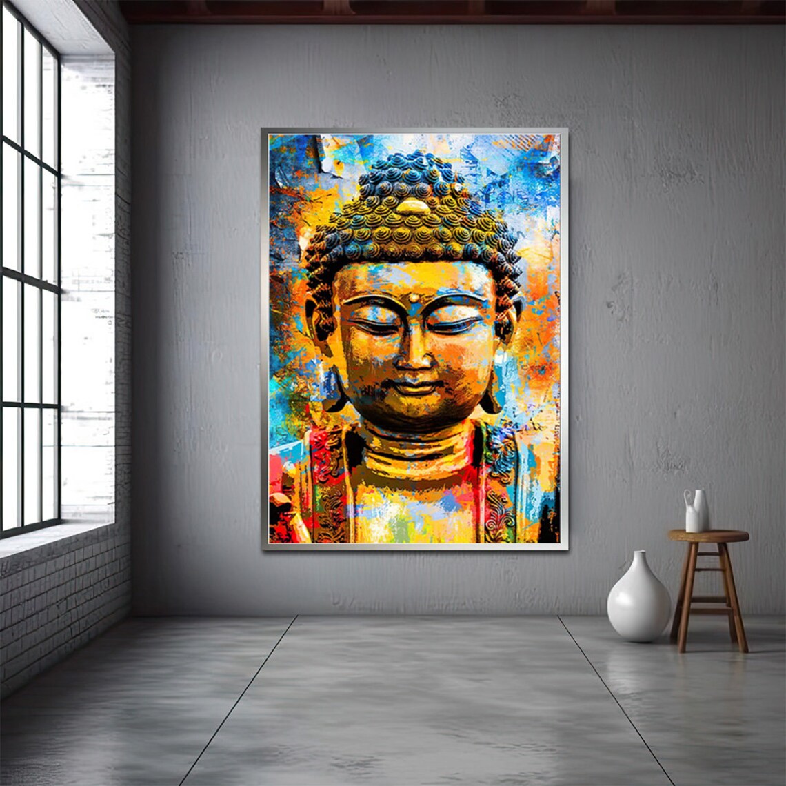 Colorful Abstract Buddha Portrait Meditation Golden Blue Wall Art