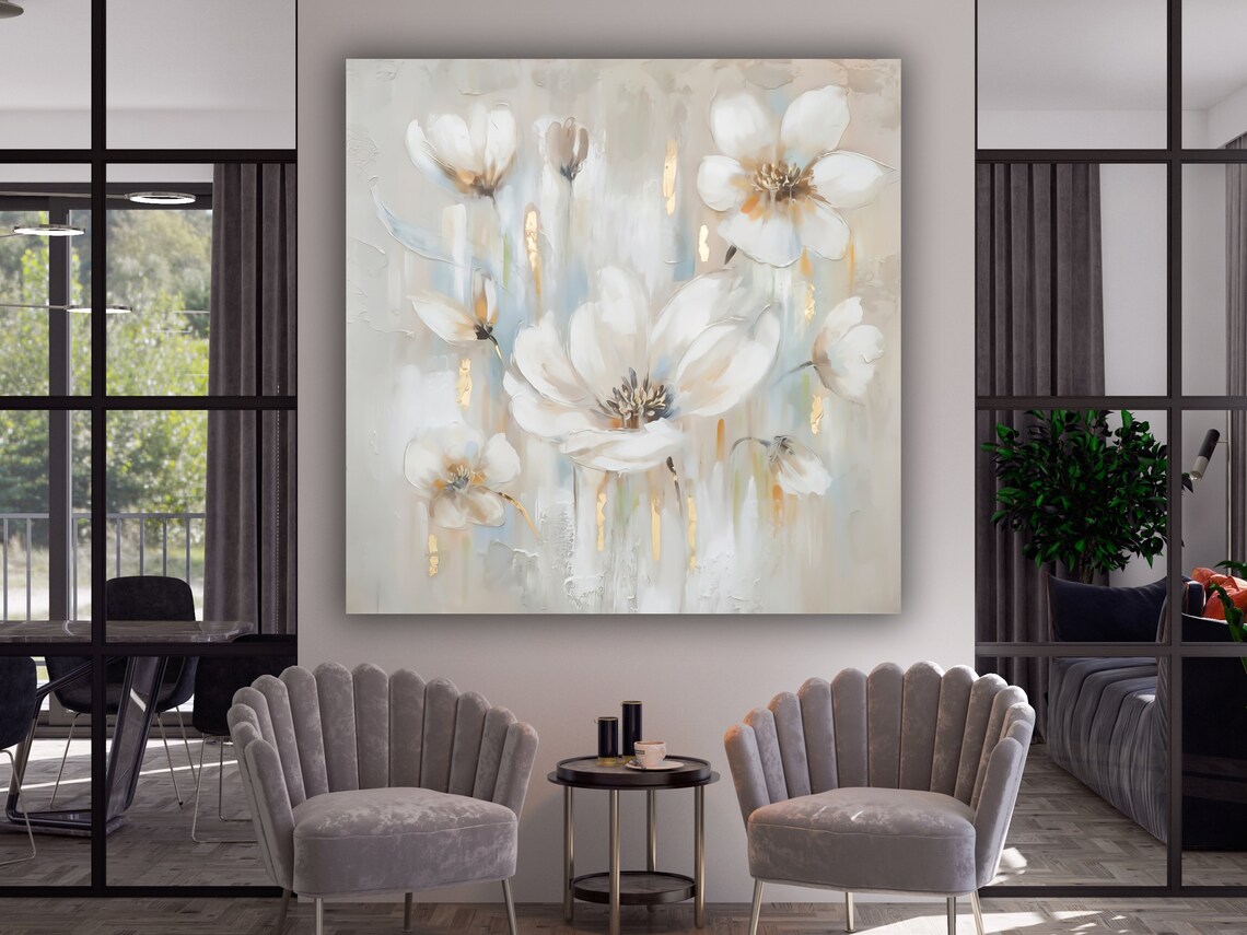 White Abstract Flowers Gold Drips Soft Botanical Painting Wall Art