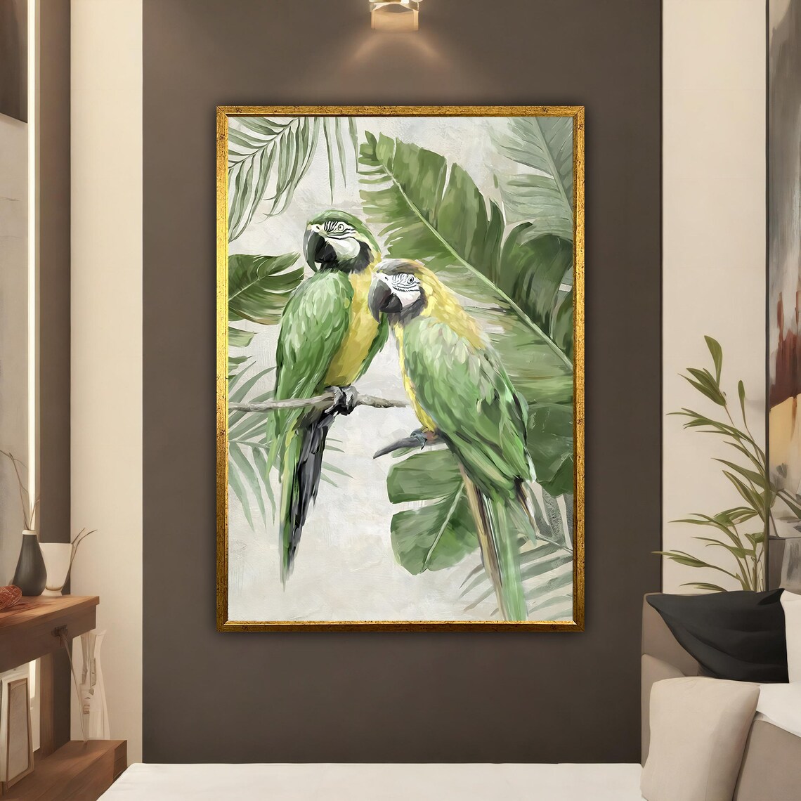 Two Green Parrots Palm Leaves Tropical Birds Painting Wall Poster - Image 3