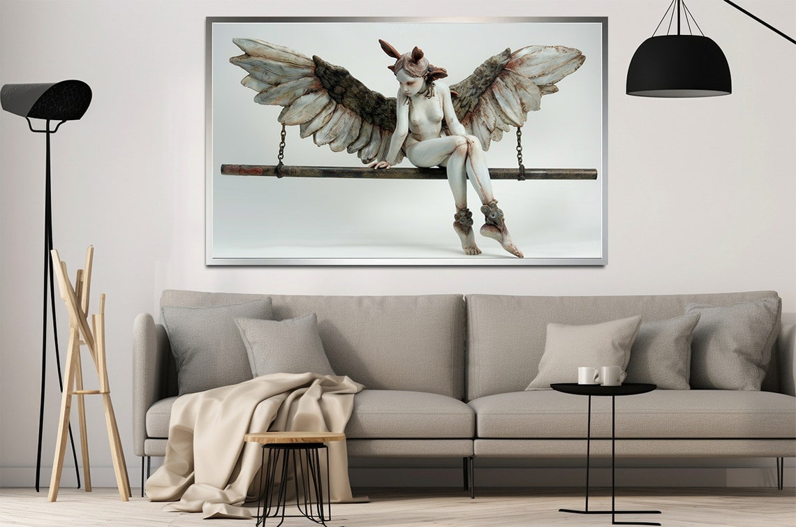 Pale Winged Woman with Gray Feathered Wings on Chained Bar Art Poster - Image 3