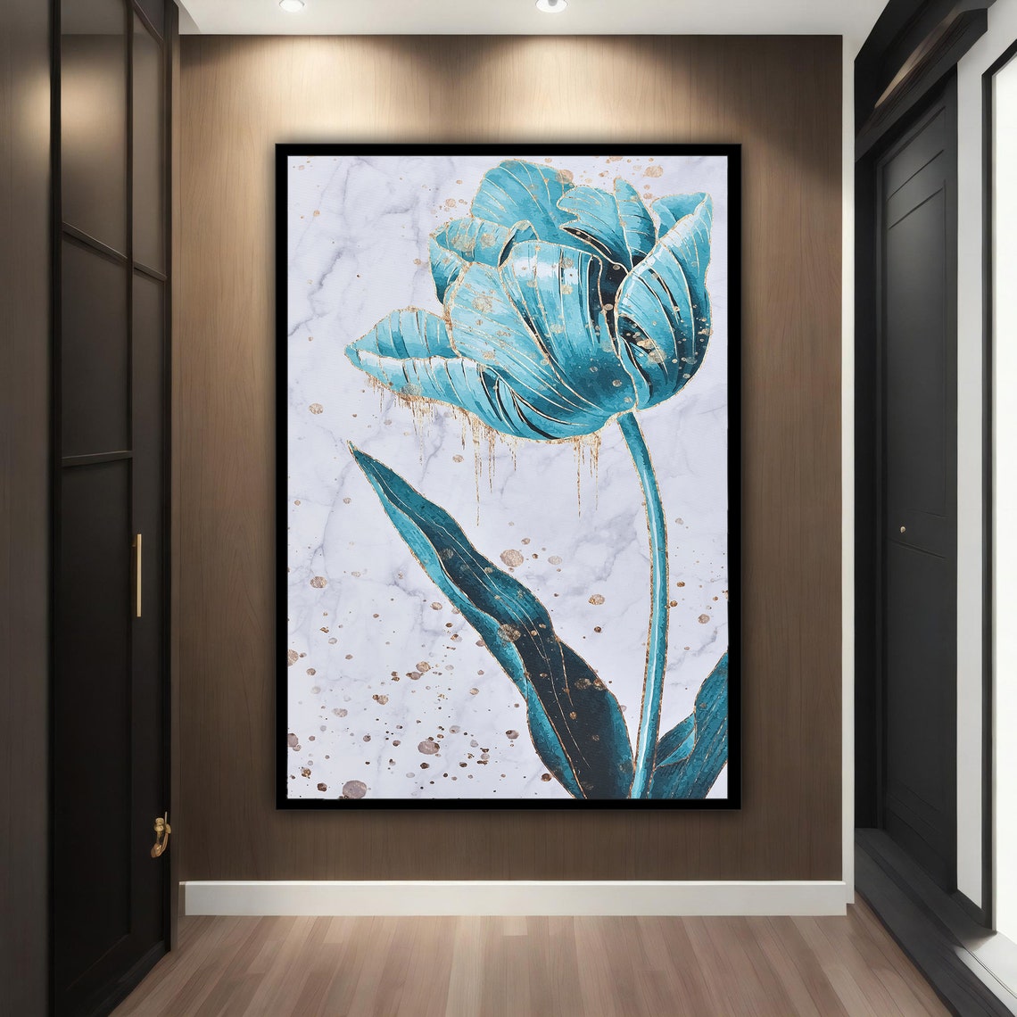 Teal Tulip Marble Background Gold Accent Floral Canvas Art Poster