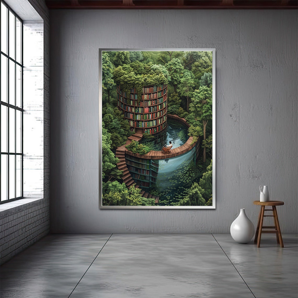 Surreal Forest Library Tower Bookshelf Dream Lake Reading Nook Poster - Image 3