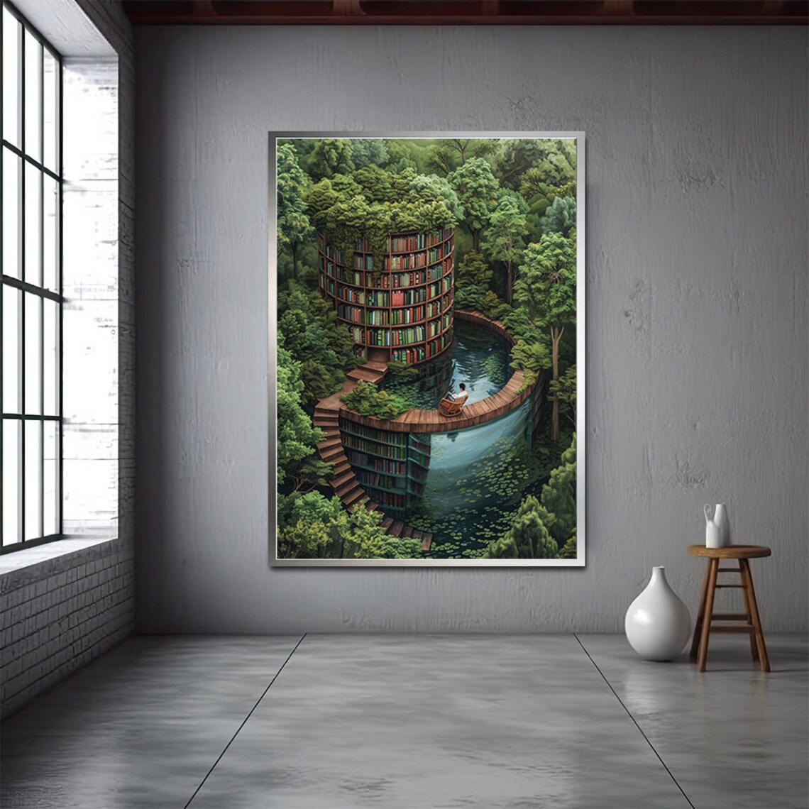 Surreal Library Painting Surreal Book Art Forest And Library Wall Decor Illusionist Library Poster Book Printing - Image 3