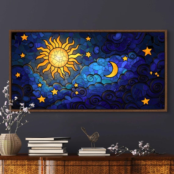 Sun And Moon On Starry Night Sky Panoramic Stained Glass Style Celestial Painting Print For Cosmic Wall Art And Dark Blue Decor