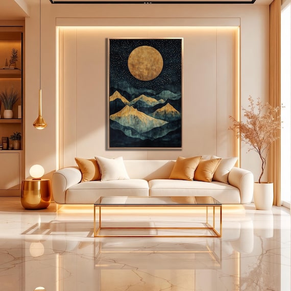 Golden Full Moon Starry Night Blue Mountain Peaks Celestial Art Poster
