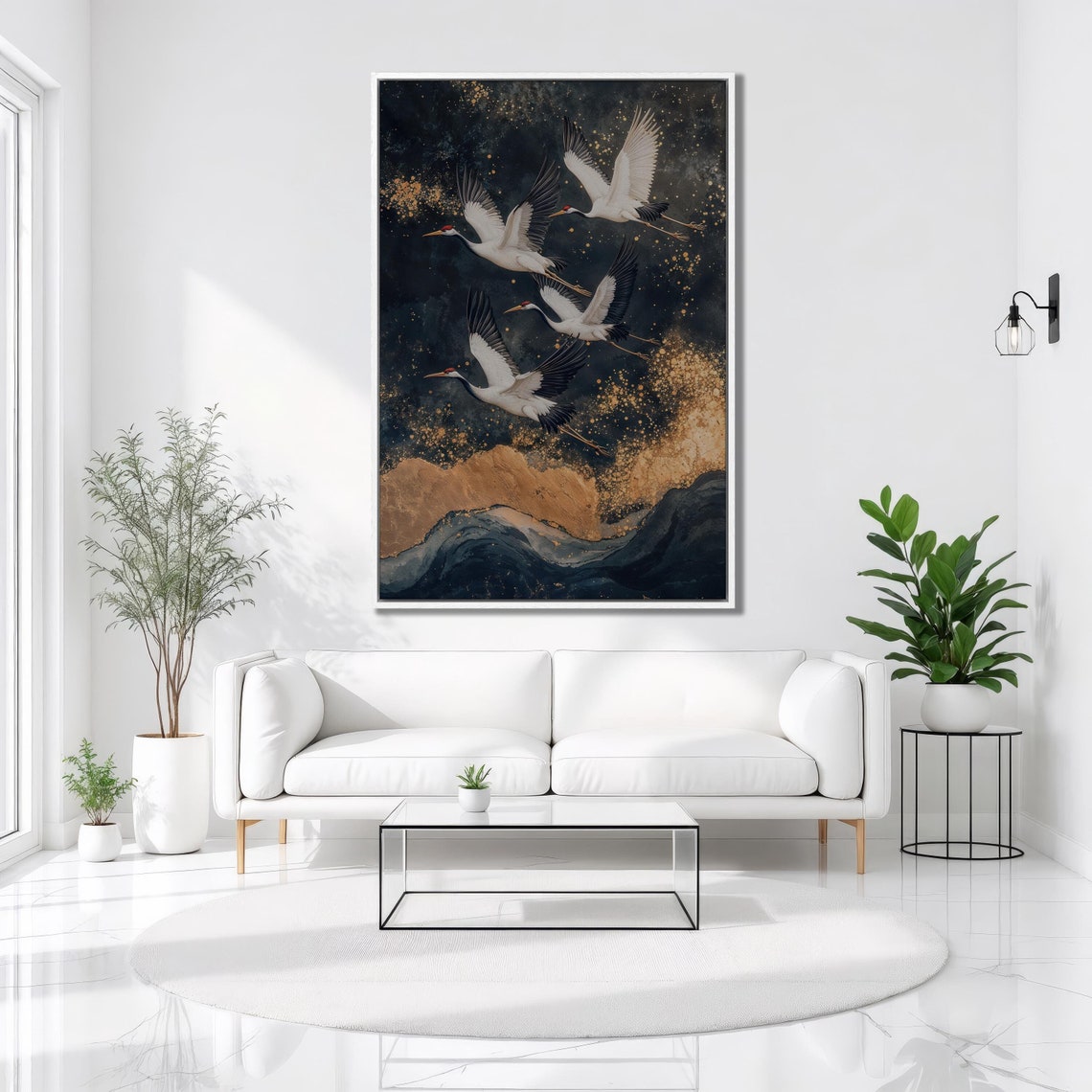 White Japanese Cranes Flying Golden Waves Night Sky Asian Art Poster