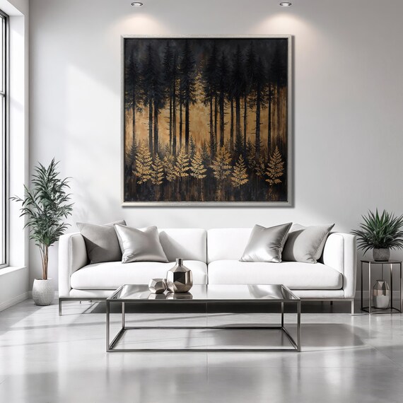 Mystical Black Pine Forest Framed Golden Plants Luxury Art Abstract Night Scene Painting Print Nature Wall Decor Ready To Hang