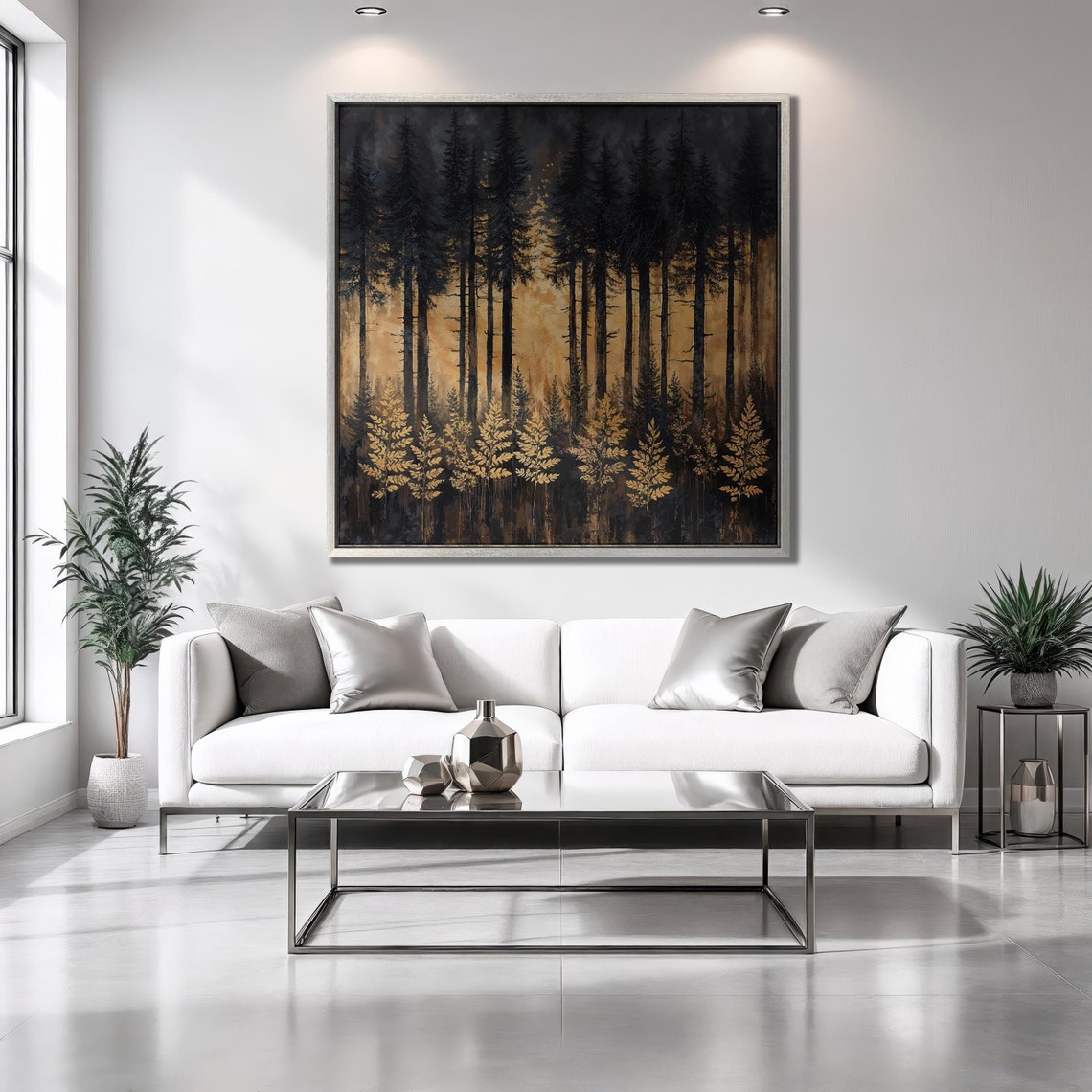 Black Pine Forest Silhouette With Golden Undergrowth Night Wall Art