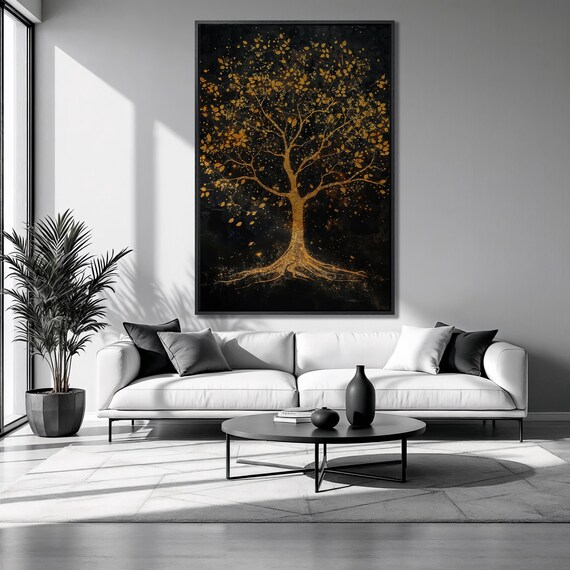 Large Golden Tree Framed Print Splendid Foliage Luxury Art Nature Inspired Painting Print Symbolic Decor Gift Ready To Hang