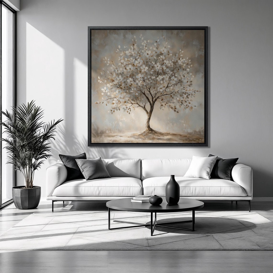 White Blossom Tree Soft Beige Abstract Botanical Square Art Poster
