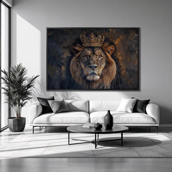 Crowned Lion Portrait Gold Textured Background Regal Animal Art Poster