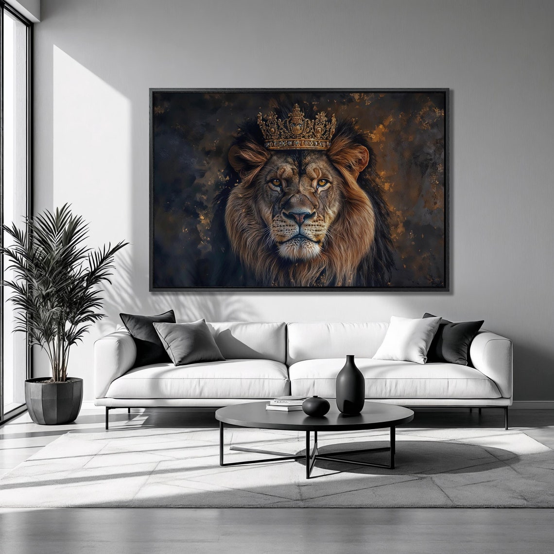 Crowned Lion Portrait Gold Textured Background Regal Animal Art Poster