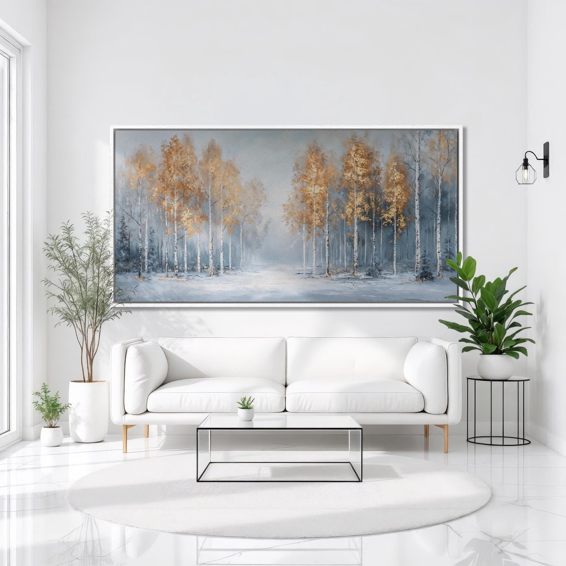 Snowy Birch Forest Golden Leaves Panoramic Winter Nature Wall Poster