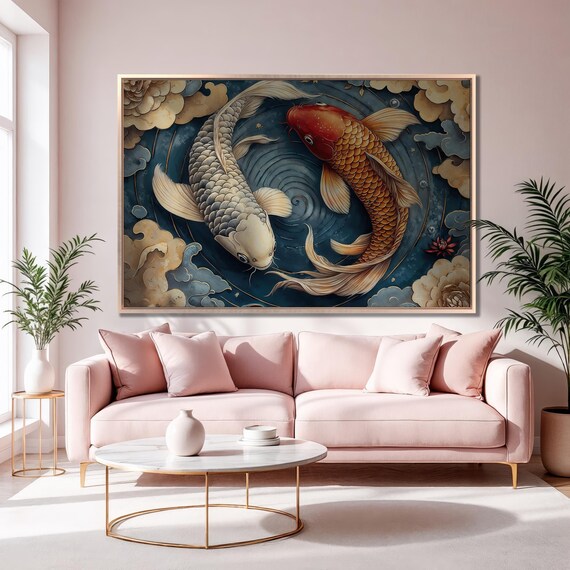 Koi Fish Framed Print Japanese Style Luxury Art Swirling Water Painting Print Yin Yang Poster Asian Decor Ready To Hang