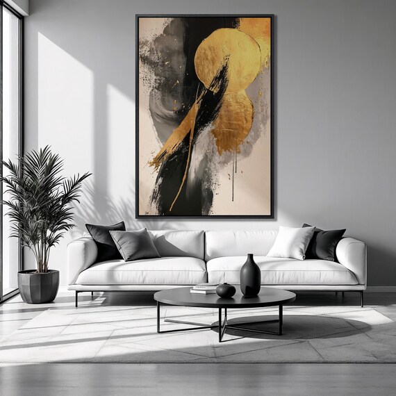 Expressive Framed Print Abstract Luxury Art Gold And Black Branch Strokes Painting Print Minimalist Decor Gift Ready To Hang
